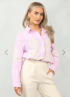 Open image in slideshow, Cotton shirt with floral embroidery, candy stripe 🌸✨
