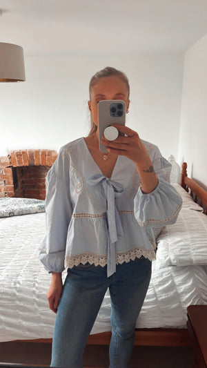 Cotton Broderie anglaise tie blouse, powder blue & cream 🩵✨