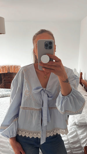 Cotton Broderie anglaise tie blouse, powder blue & cream 🩵✨
