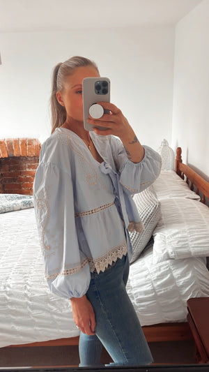 Cotton Broderie anglaise tie blouse, powder blue & cream 🩵✨