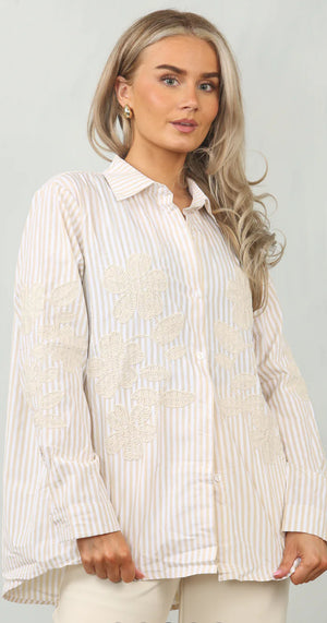 Cotton shirt with floral embroidery, latte stripe 🍦🤍✨