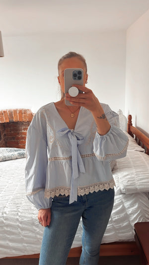 Cotton Broderie anglaise tie blouse, powder blue & cream 🩵✨