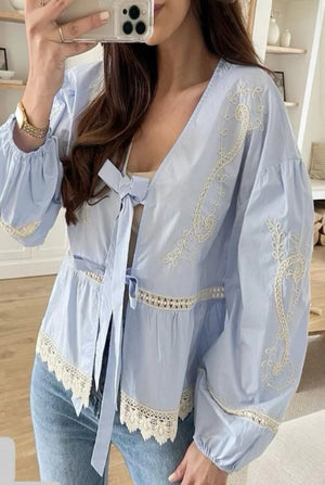 Open image in slideshow, Cotton Broderie anglaise tie blouse, powder blue &amp; cream 🩵✨

