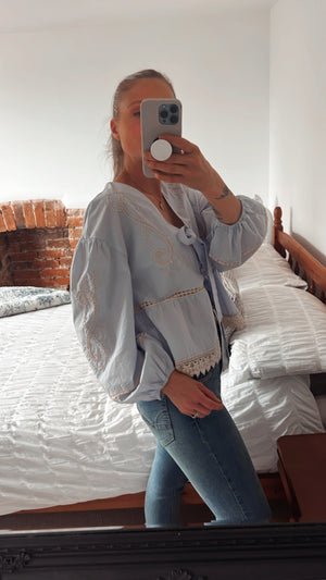 Cotton Broderie anglaise tie blouse, powder blue & cream 🩵✨
